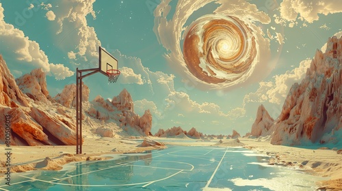 Surrealism-inspired sports equipment, featuring a basketball hoop with a swirling portal instead of a net, set against an otherworldly landscape photo