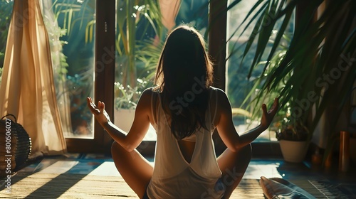 back of girl in the lotus position meditating. Yoga exercises for energy photo
