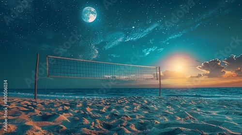 Volleyball transforming into the moon, played on a beach where the sand shifts into stardust under a twilight sky
