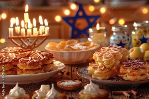 Hanukkah celebration with menorah, dreidels, and traditional foods on a warm wooden background photo