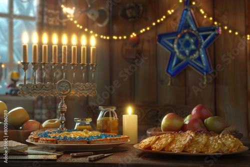 Hanukkah celebration with menorah, dreidels, and traditional foods on a warm wooden background