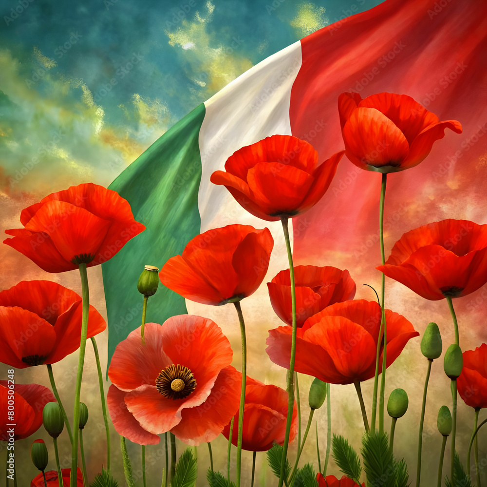 Naklejka premium red poppy flowers on background with italy libera