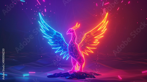 A neon phoenix, rendered in low poly art, rising from the ashes of outdated communication methods, symbolizing rebirth and innovation. photo