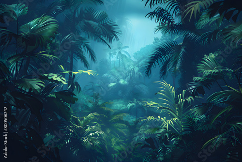 A mysterious and tranquil tropical jungle background at night, perfect for nature and travel themed designs and projects.