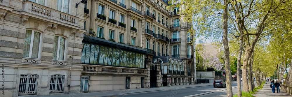Springtime in Paris with classic Haussmann-style buildings and leafy trees lining a peaceful street, perfect for travel and real estate concepts