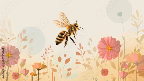 Whimsical illustration of a bee flying among flowers with a soft pastel background.