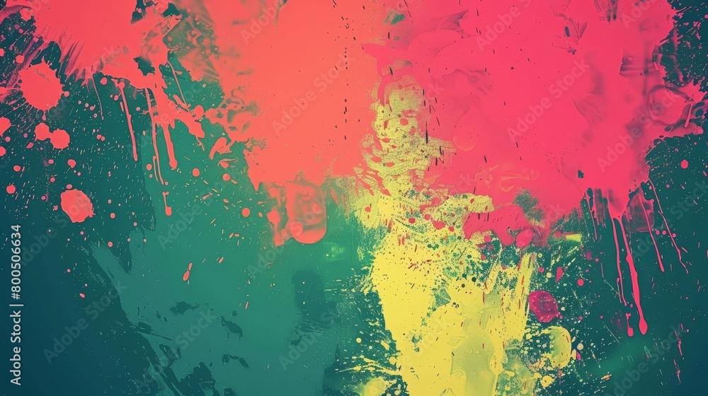   A backdrop drenched in red, yellow, green, and blue paint splatters against blackness