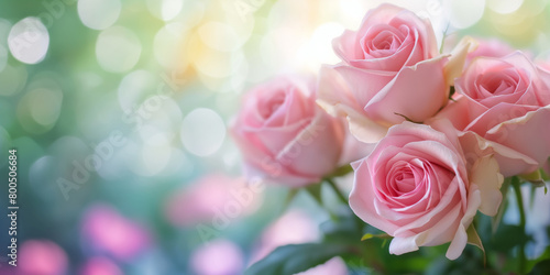 Bouquet of flowers  soft pink roses against a bokeh background. Panoramic Mother s Day  Women s Day or romantic Valentine s Day banner  wallpaper  greeting card or wedding invitation