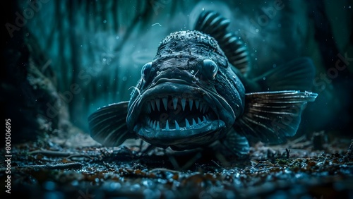 A sinister fish with sharp teeth lurks in a dangerous swamp . Concept Ocean predators  dangerous creatures  underwater habitats  aquatic life  teeth and jaws