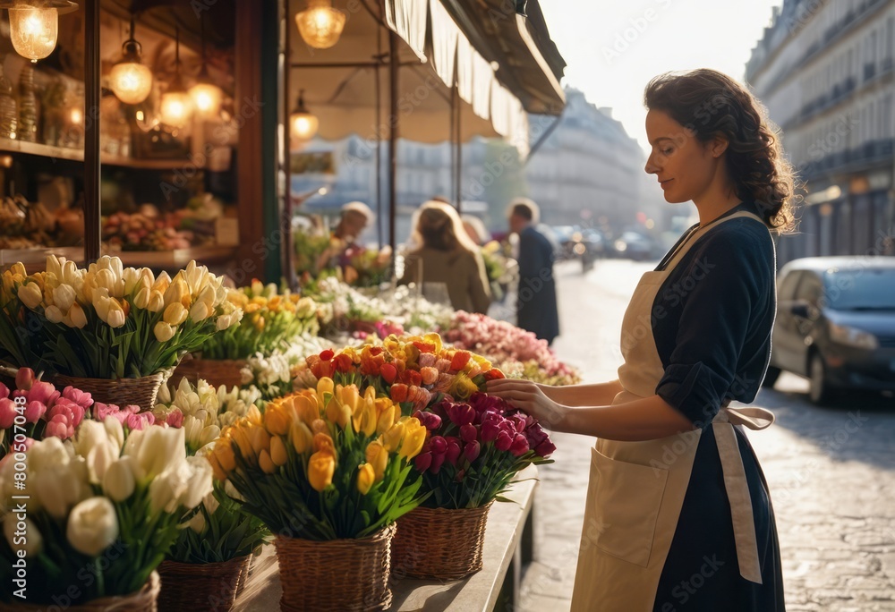 A florist arranges colorful tulips at a market stall, surrounded by fresh flowers.
