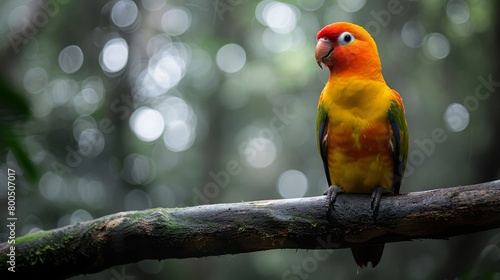  A vibrant bird sits atop a tree branch amidst a forest backdrop filled with numerous trees The foreground features a softly blurred canopy of leaves