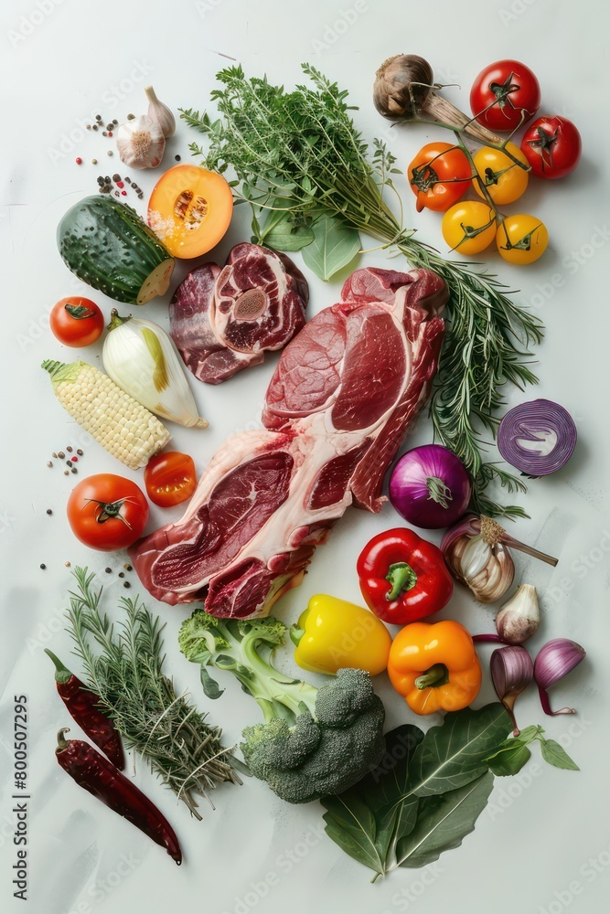 food assortment with vegetables and meat, minimal and professional setting food assortment with vegetables and meat, minimal and professional setting