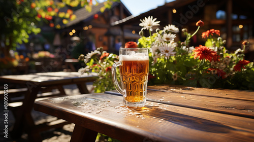 Close-up of beer glass standing on the table of the street terrace of a bayern pub.
