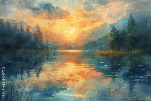 A beautiful painting of a mountain lake at sunset