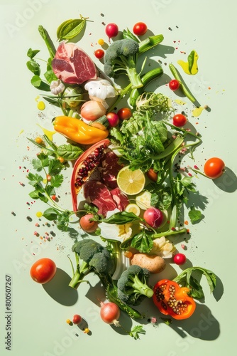 food assortment with vegetables and meat, minimal and professional setting