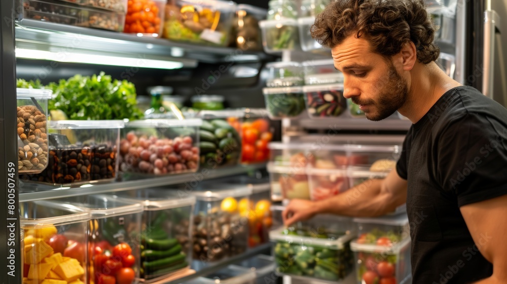  Man organizing a variety of fresh foods in a well-stocked refrigerator, showcasing effective storage and healthy eating habits.