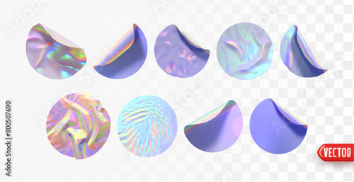 Set of round paper stickers hologram lilac gradient color. Realistic design round sticker label template isolated background. Collection mockup price tag sale. Vector illustration