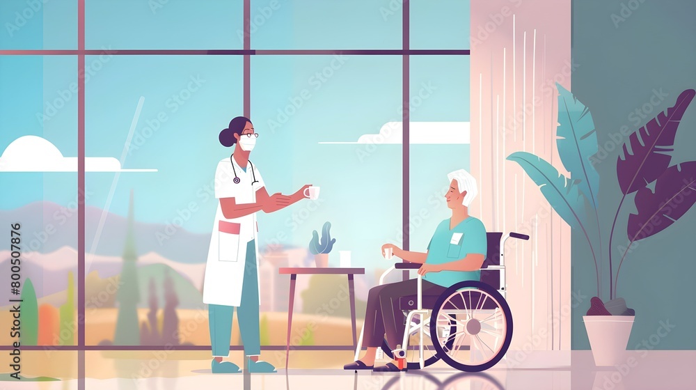 A professional caretaker in uniform helping a geriatric female patient on a wheelchair. Senior holding a cup and sitting by a large window in a rehabilitation center. A professional caretaker in uniform helping a geriatric female patient on a wheelchair. Senior holding a cup and sitting by a large window in a rehabilitation center.