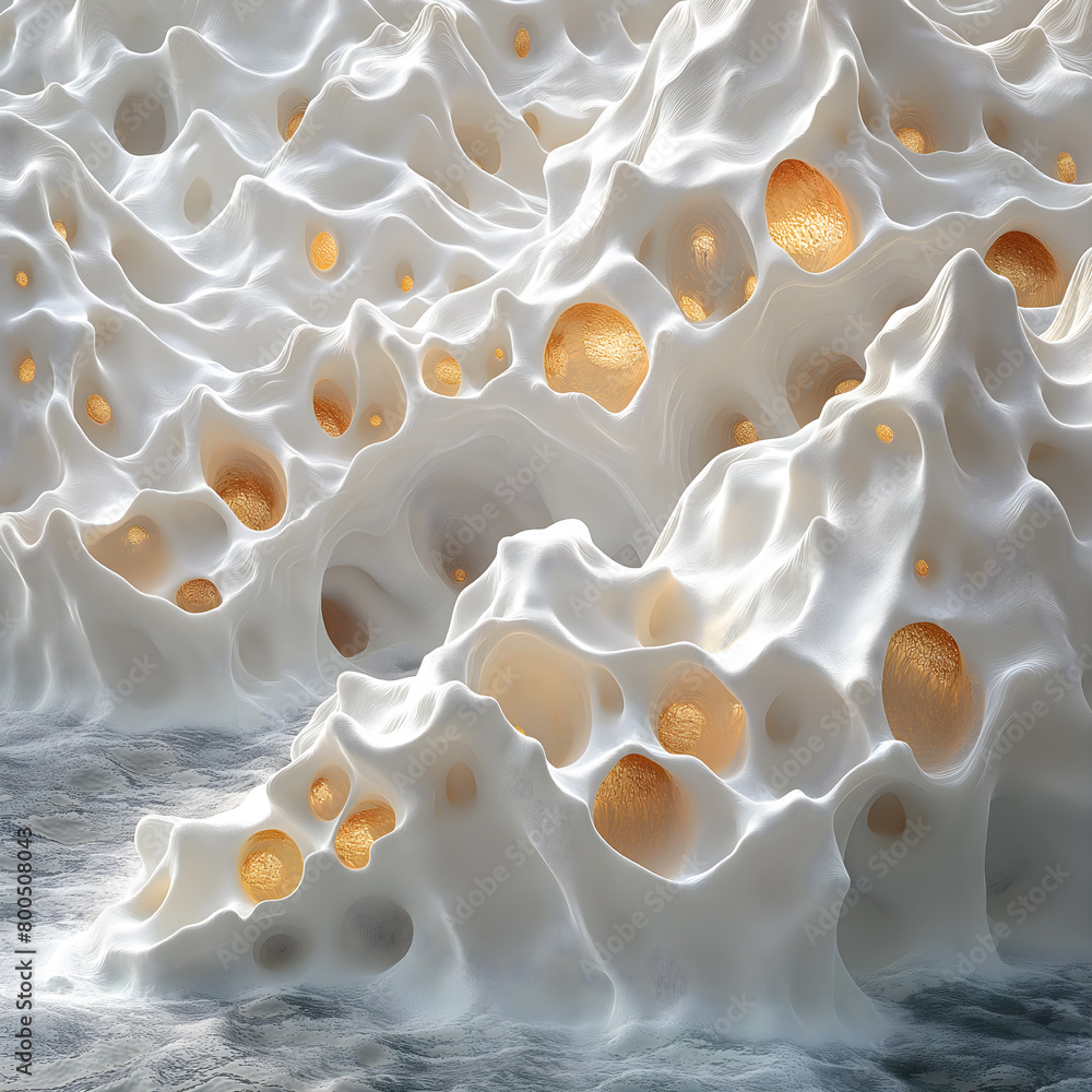3d render of abstract art texture with surreal mountains in isometric view in curved wavy organic lines forms in white color with yellow glowing golden holes
3d render of abstract art texture with surreal mountains in isometric view in curved wavy organic lines forms in white color with yellow glowing golden holes
