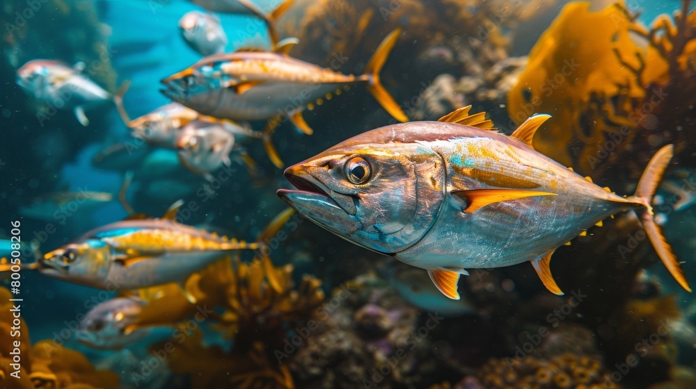 Vibrant tropical fish swimming in clear waters among colorful coral reefs, capturing marine biodiversity. Vibrant tropical fish swimming in clear waters among colorful coral reefs, capturing marine biodiversity.