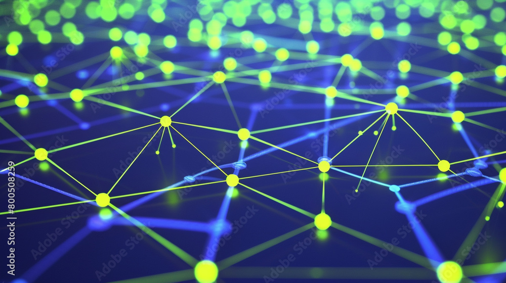 A matrix of neon lime dots connected by bright yellow lines on a deep indigo background, representing a vibrant and energetic A matrix of neon lime dots connected by bright yellow lines on a deep indigo background, representing a vibrant and energetic