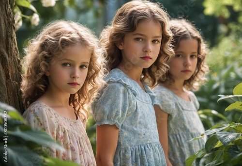 Triplets in vintage dresses peer curiously into a forest, an image of elegance and wonder.