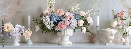 Classic white vase filled with a delicate arrangement of pastel roses and hydrangeas on a marbled table.