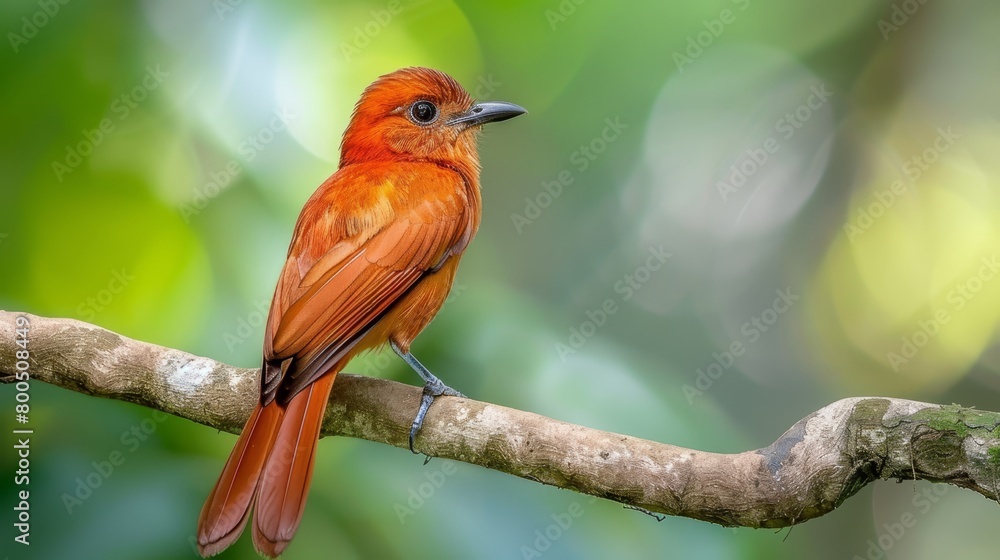 A small orange bird perches on a tree branch against a softly blurred backdrop of leaves and branches A small orange bird perches on a tree branch against a softly blurred backdrop of leaves and branches