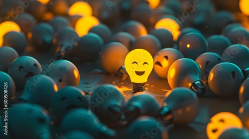 A lot of sad non-burning light bulbs and one joyful burning light bulb. A symbol of the creative idea that has arisen and a positive