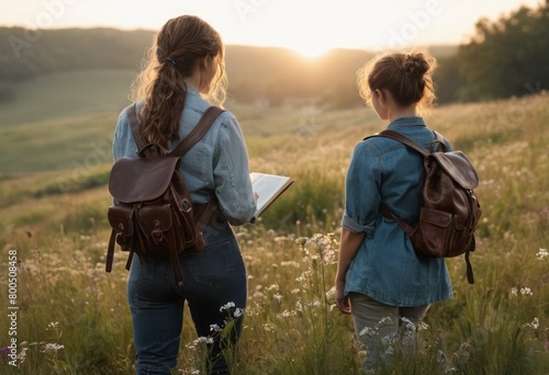 Two girls with backpacks observe a sunset, surrounded by the beauty of a wildflower field.