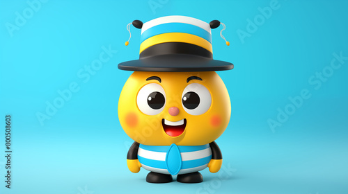 3D cartoon bee in sailor outfit with a captain's hat on a blue background.