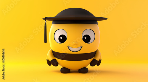 Animated bee character with graduation cap on a yellow background.