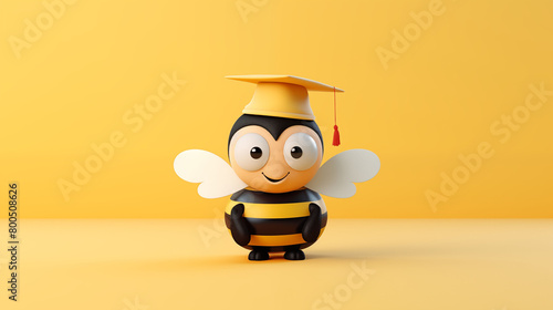 3D illustration of a cartoon bee wearing a graduation cap on a yellow background.