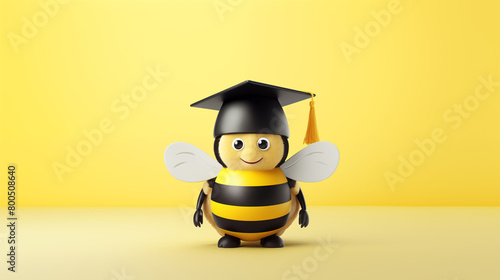 Cartoon bee character in graduation cap on yellow, playful and educational theme.