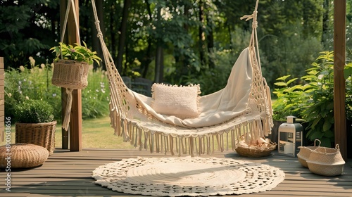 A beige string swing with a pillow on a patio. Wicker baskets, a rug and a blanket on a wooden deck in the garden