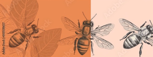 Bees and foliage illustrations on a dual-tone background, detailed and scientific feel.