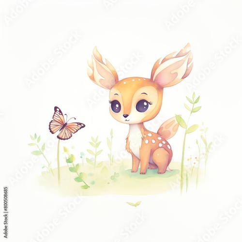 A scene depicting a fawn and a butterfly on its nose photo