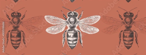 Illustration of bees in varying styles against a terracotta background, showcasing entomological detail.