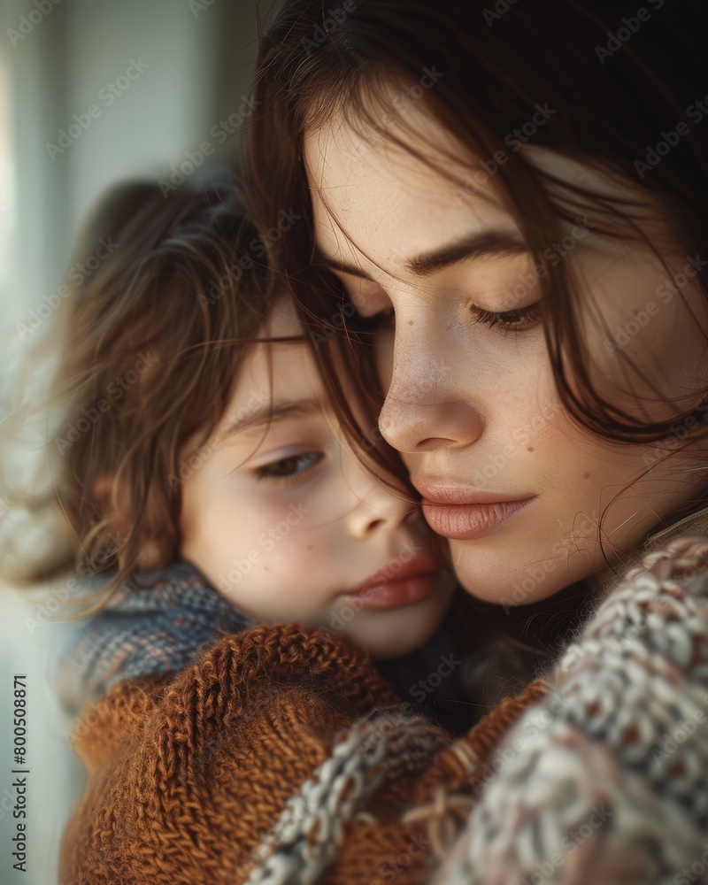 Portrait photograph of a mother hugging her child close-up Portrait photograph of a mother hugging her child close-up