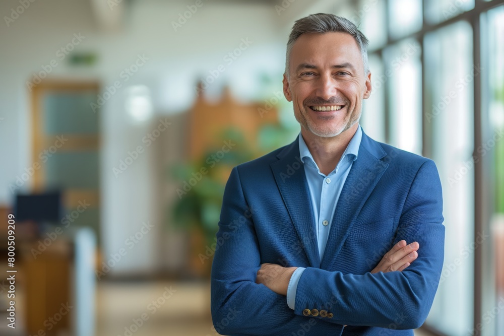 Happy middle aged business man ceo standing in office arms crossed. Smiling mature confident professional executive manager, proud lawyer, businessman leader wearing blue suit Happy middle aged business man ceo standing in office arms crossed. Smiling mature confident professional executive manager, proud lawyer, businessman leader wearing blue suit