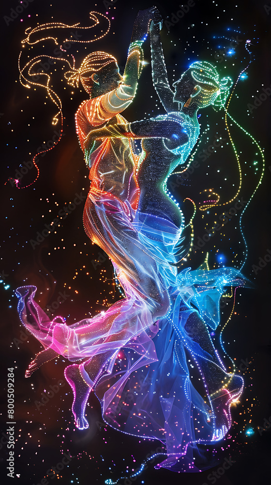 Dancing couple in a beautiful dress. Multicolored background.