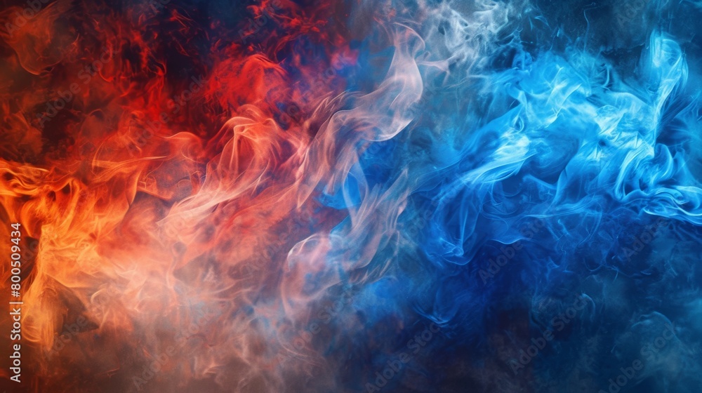 Vibrant red and blue smoke intertwined