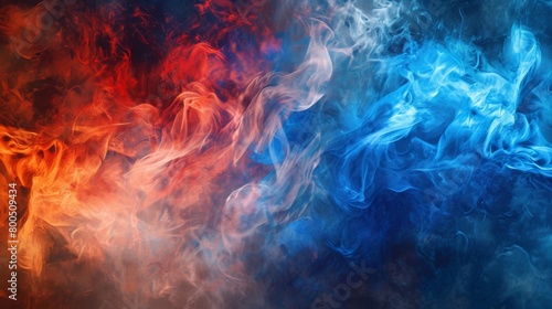Vibrant red and blue smoke intertwined