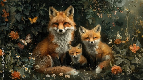 Fototapeta Naklejka Na Ścianę i Meble -  a photography family of fox in a lush green forest, watercolor style, vibrant colors, soft and whimsical, peaceful and serene, mama and baby animals, with flowers and butterflies