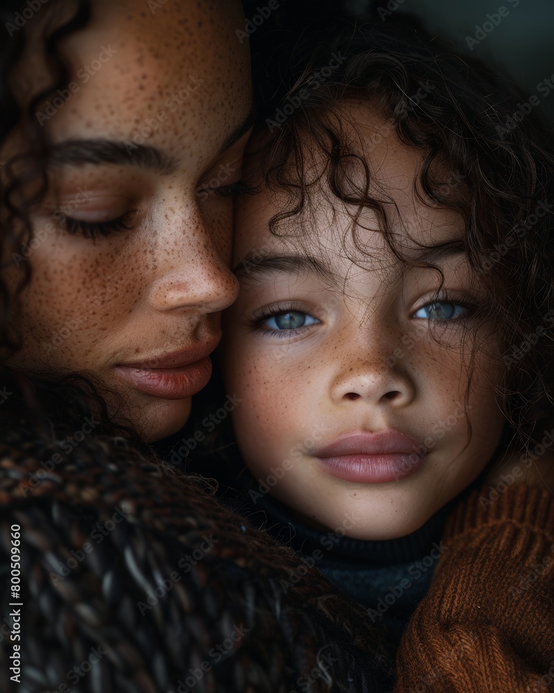 Portrait photograph of a mother hugging her child close-up Portrait photograph of a mother hugging her child close-up