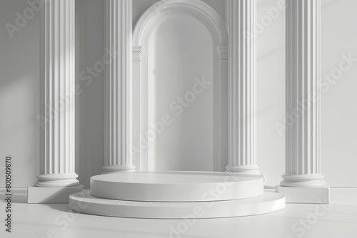 A classic 3D render scene presents a luxurious Greek-inspired podium column background, exuding elegance and grandeur