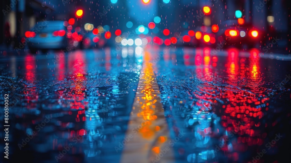 A wet street with traffic lights during rain