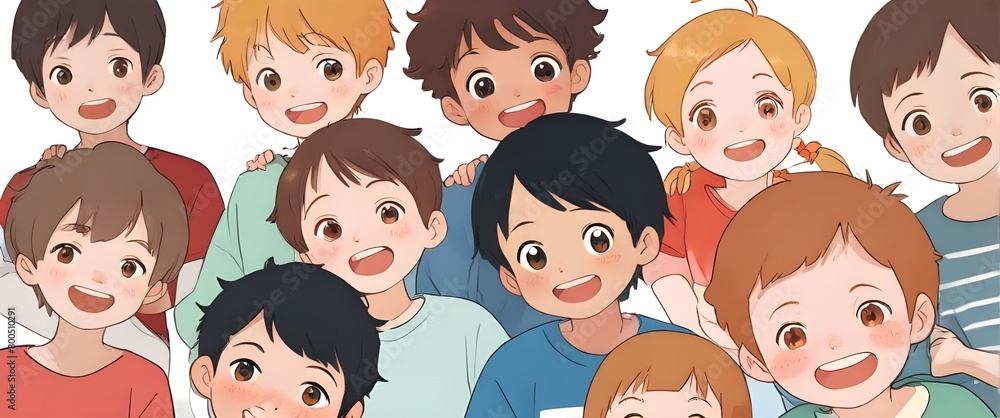 Illustration of a group of diverse cute and happy young boys. Generative AI Illustration of a group of diverse cute and happy young boys. Generative AI