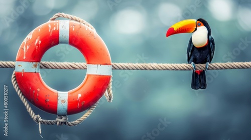   A toucan perches on a rope, beside a life preserver atop a boat photo