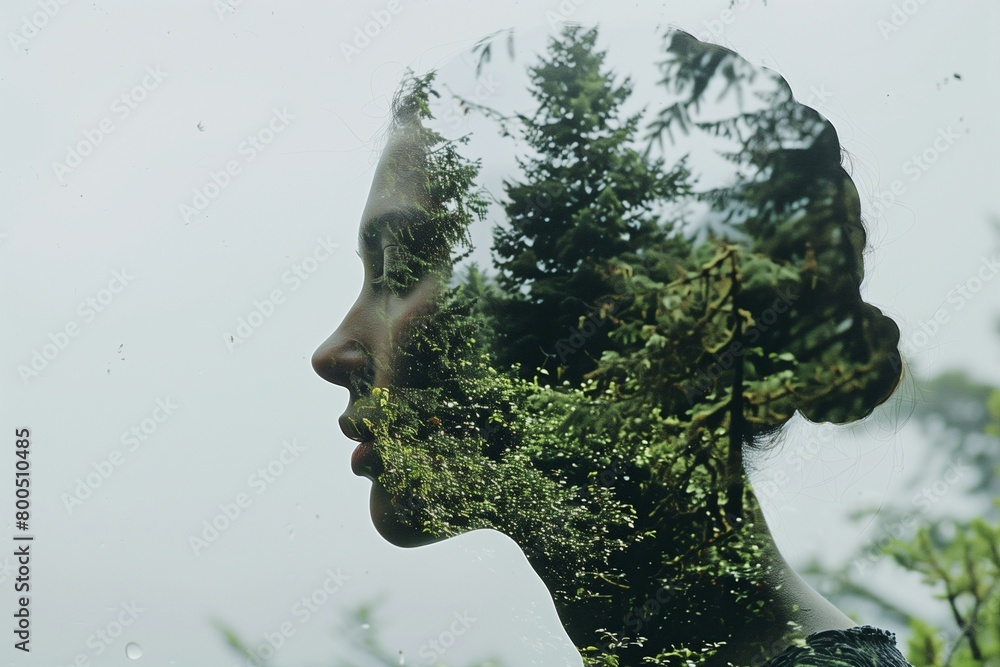 A captivating double exposure showcases the silhouette of a woman's head overlaid with the tranquil beauty of a forest landscape in the background, evoking a sense of harmony between nature and human 